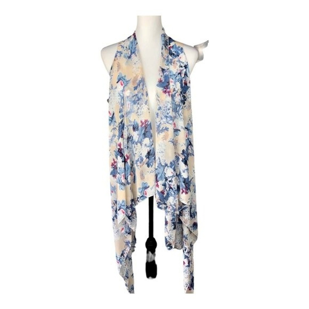 Sleeveless Draped Floral Fairycore Print Open Front Cardigan Vest Duster S/M